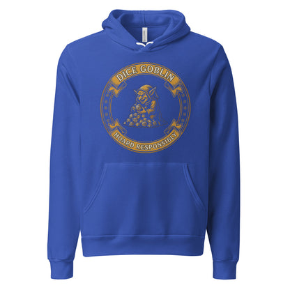 Dice Goblin Hoard Responsibly tabletop RPG hoodie — True Royal, front