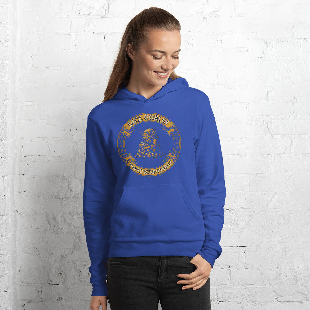 Dice Goblin Hoard Responsibly tabletop RPG hoodie — True Royal, on model