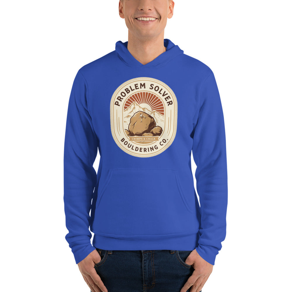 Problem Solver Bouldering Badge hoodie — True Royal, on model