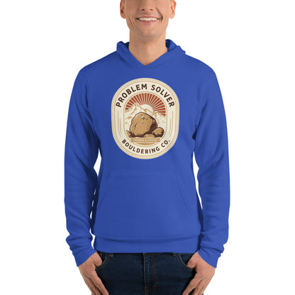 Problem Solver Bouldering Badge hoodie — True Royal, on model
