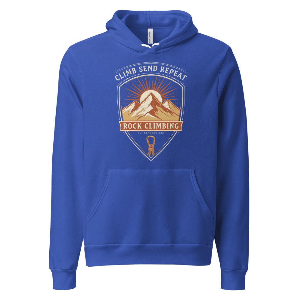 Climb Send Repeat mountaineering crest hoodie — True Royal, front