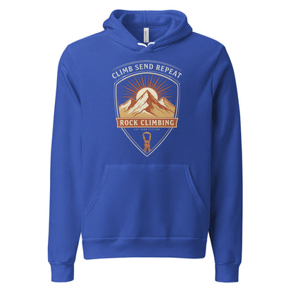 Climb Send Repeat mountaineering crest hoodie — True Royal, front