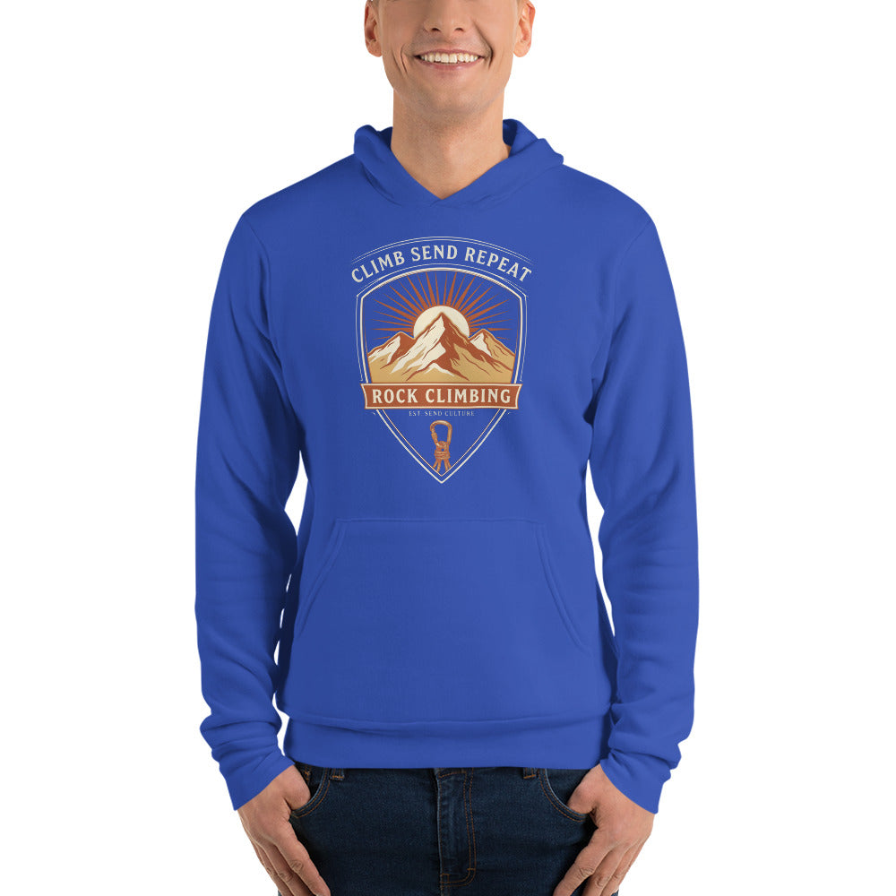 Climb Send Repeat mountaineering crest hoodie — True Royal, on model