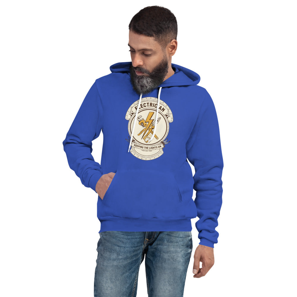 Electrician Journeyman trade crest hoodie — True Royal, on model