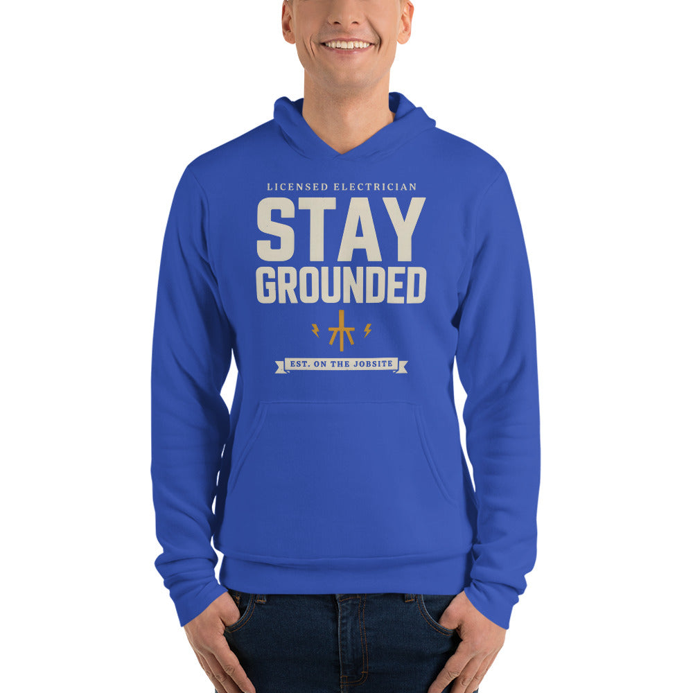 Stay Grounded funny electrician hoodie — True Royal, on model