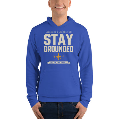 Stay Grounded funny electrician hoodie — True Royal, on model