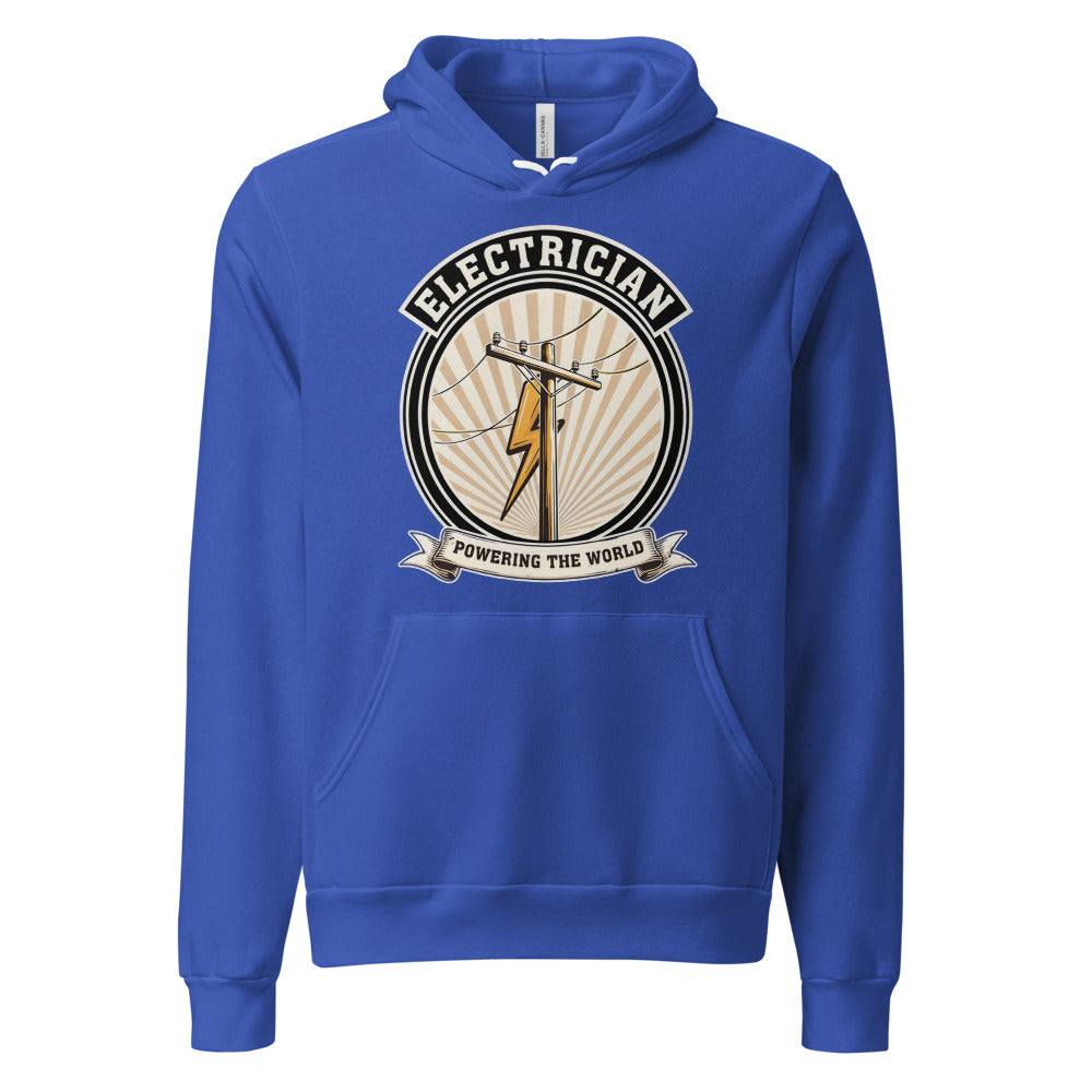 Powering The World electrician emblem hoodie — True Royal, front