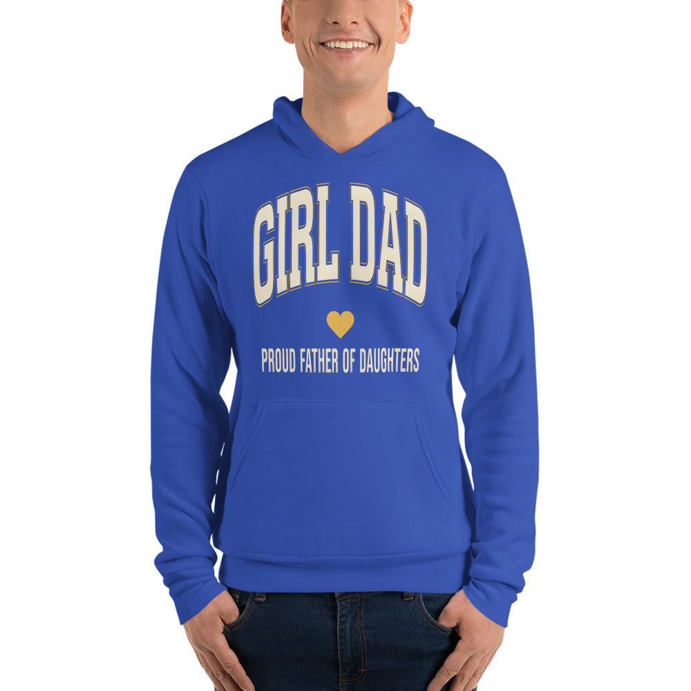 Girl Dad retro varsity hoodie — True Royal, on model