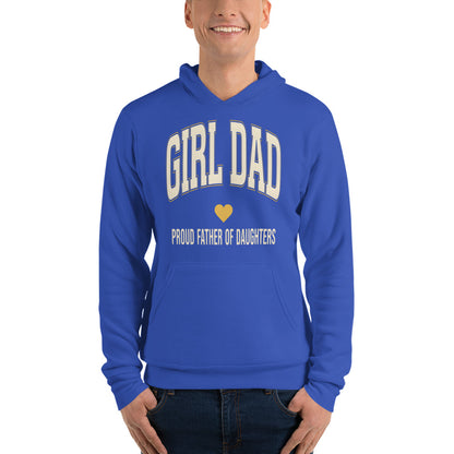 Girl Dad retro varsity hoodie — True Royal, on model