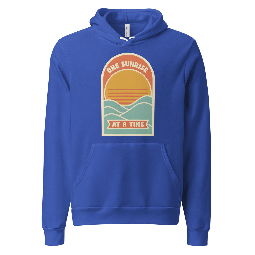One Sunrise at a Time retro sunrise hoodie — True Royal, front