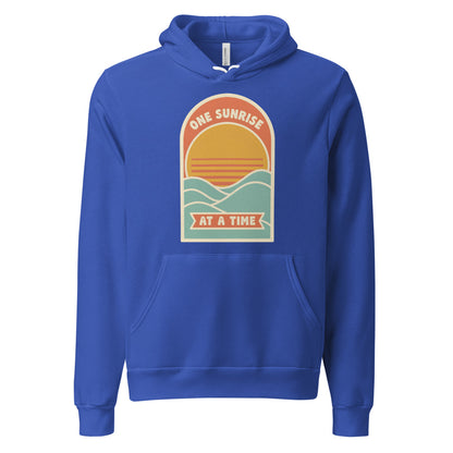 One Sunrise at a Time retro sunrise hoodie — True Royal, front