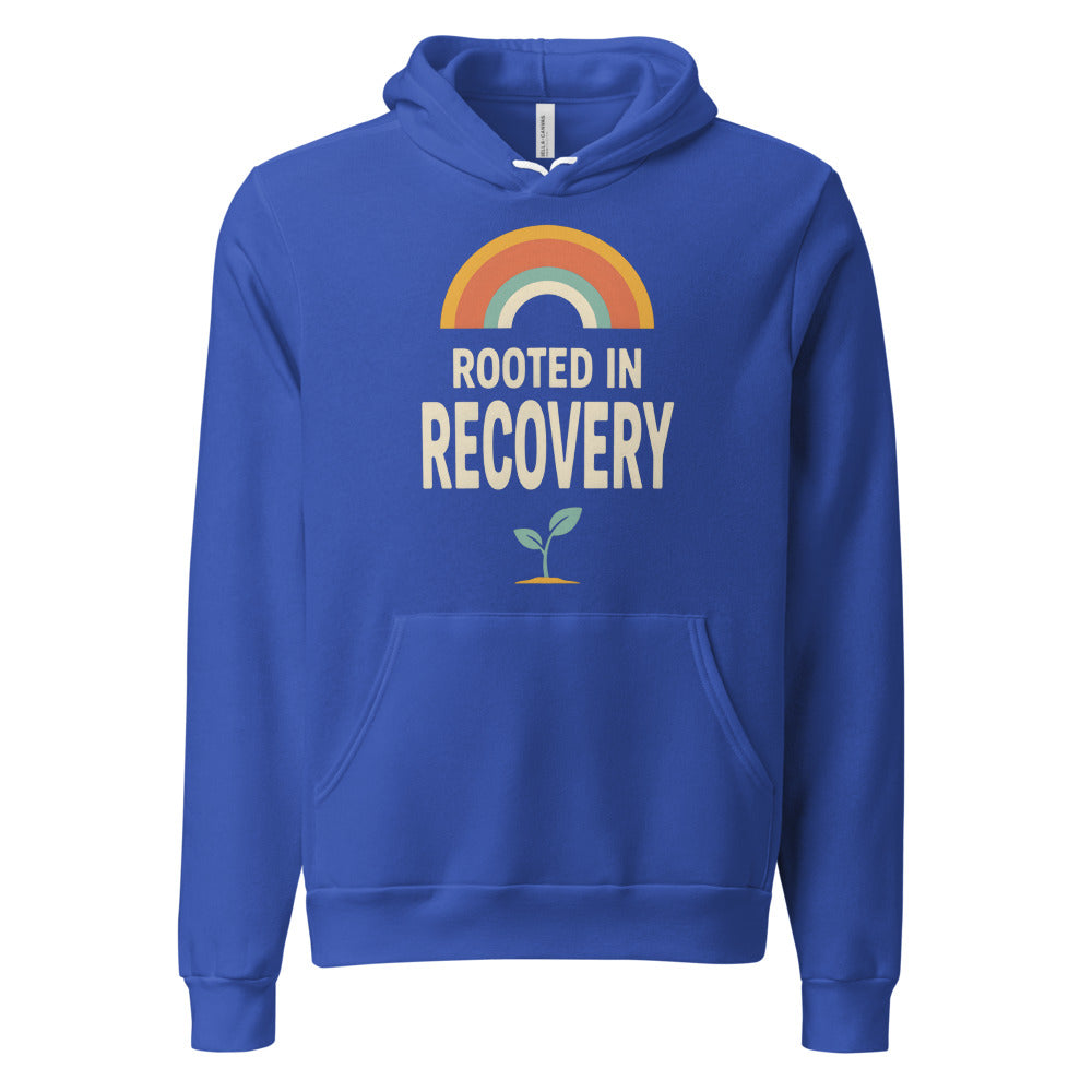 Rooted in Recovery retro rainbow hoodie — True Royal, front