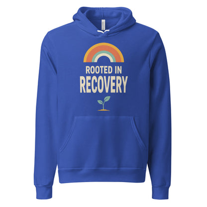 Rooted in Recovery retro rainbow hoodie — True Royal, front