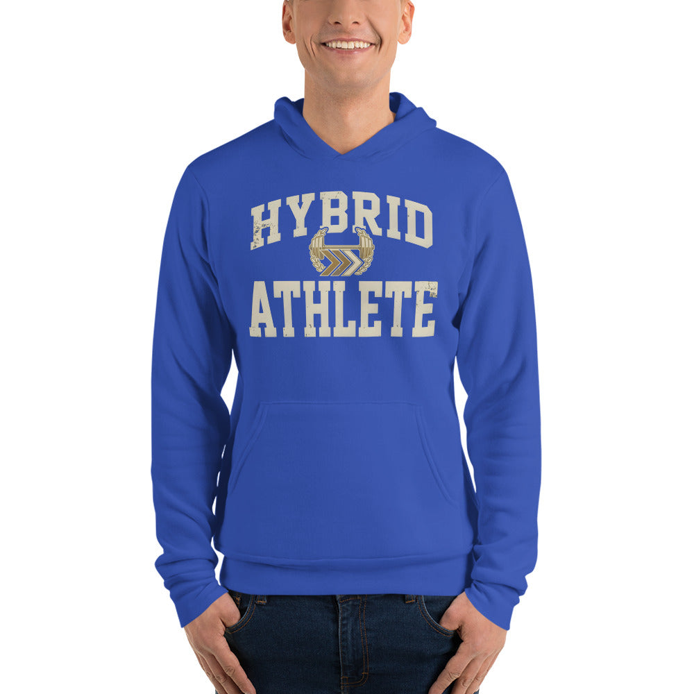 Hybrid Athlete vintage varsity hoodie — True Royal, on model