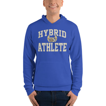 Hybrid Athlete vintage varsity hoodie — True Royal, on model