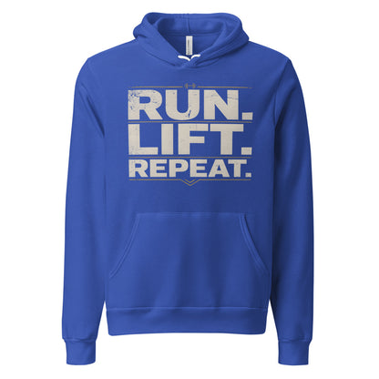 Run Lift Repeat vintage athletic hoodie — True Royal, front