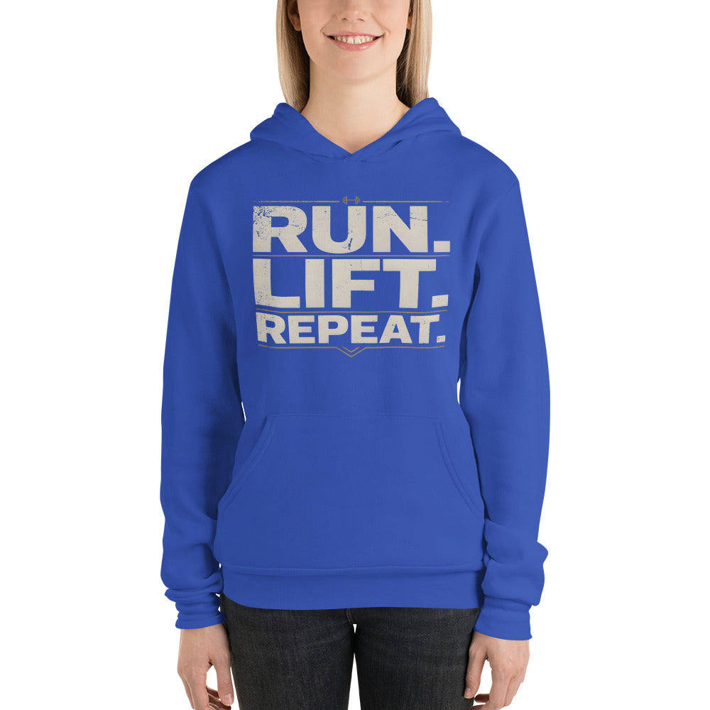 Run Lift Repeat vintage athletic hoodie — True Royal, on model