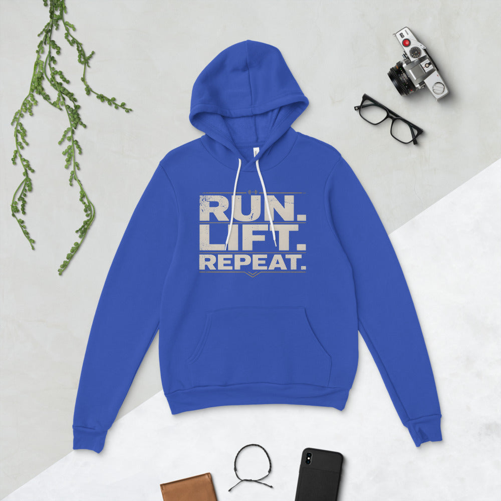 Run Lift Repeat vintage athletic hoodie — True Royal, flat lay