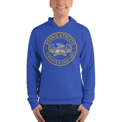 Hybrid Athlete vintage athletic-department crest hoodie — True Royal, on model