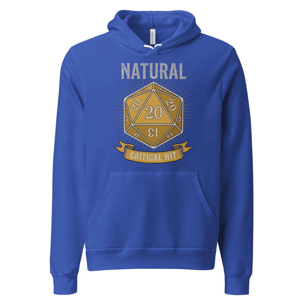 Natural 20 critical hit d20 tabletop RPG hoodie — True Royal, front