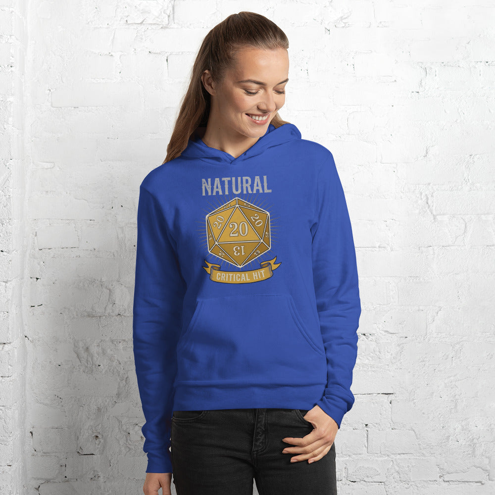 Natural 20 critical hit d20 tabletop RPG hoodie — True Royal, on model