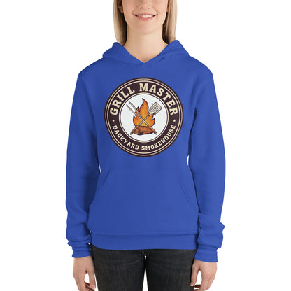 Grill Master retro backyard smokehouse hoodie — True Royal, on model