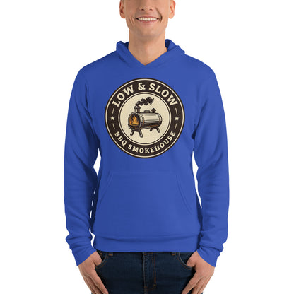 Low & Slow BBQ smoker hoodie — True Royal, on model