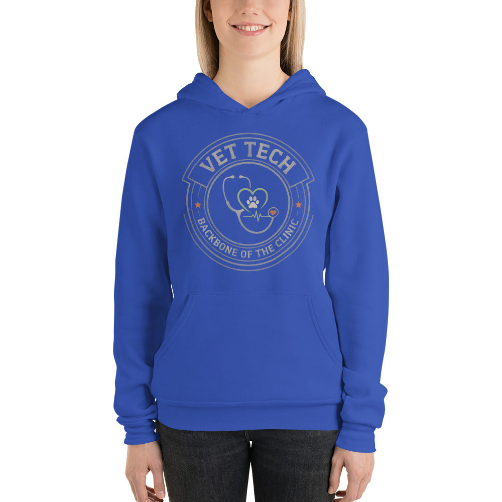 Vet Tech Crest retro veterinary technician hoodie — True Royal, on model