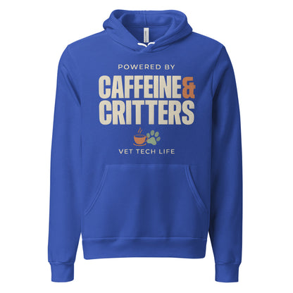 Powered by Caffeine & Critters funny vet tech hoodie — True Royal, front