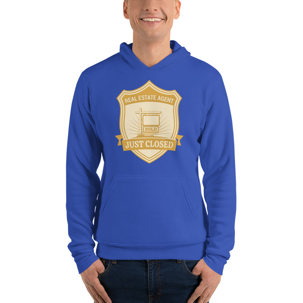 Just Closed real estate agent hoodie — True Royal, on model