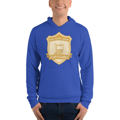 Just Closed real estate agent hoodie — True Royal, on model
