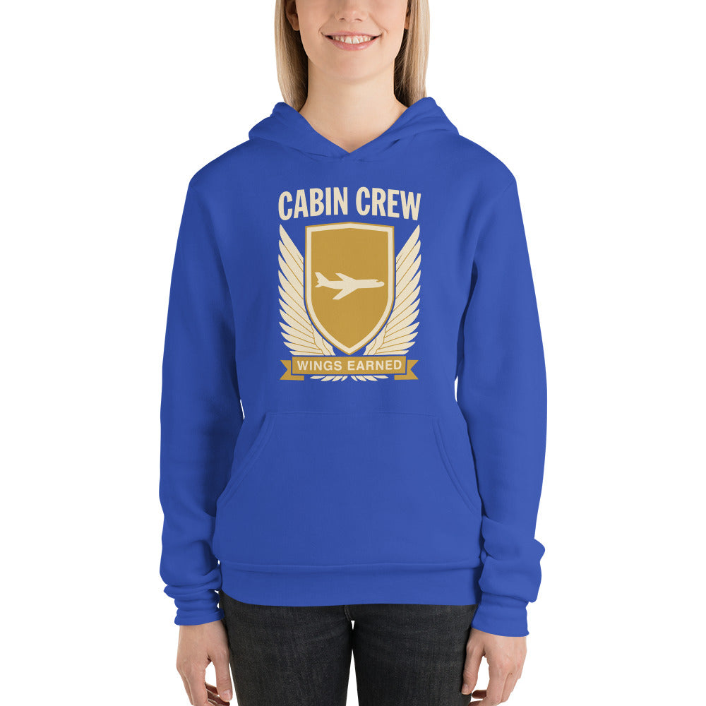 Wings Earned flight attendant hoodie — True Royal, on model