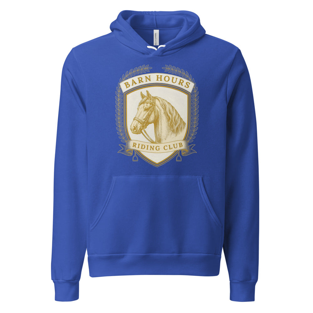 Barn Hours Riding Club vintage equestrian stable crest hoodie — True Royal, front
