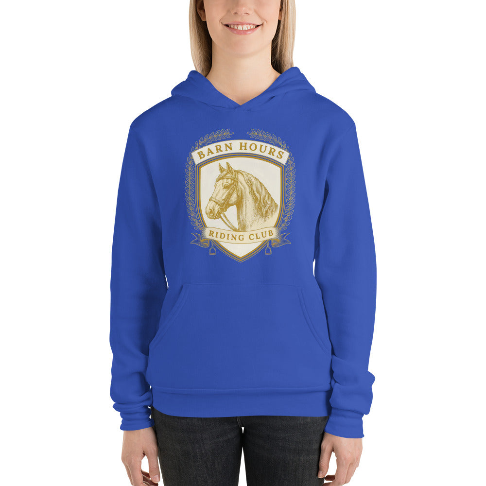 Barn Hours Riding Club vintage equestrian stable crest hoodie — True Royal, on model
