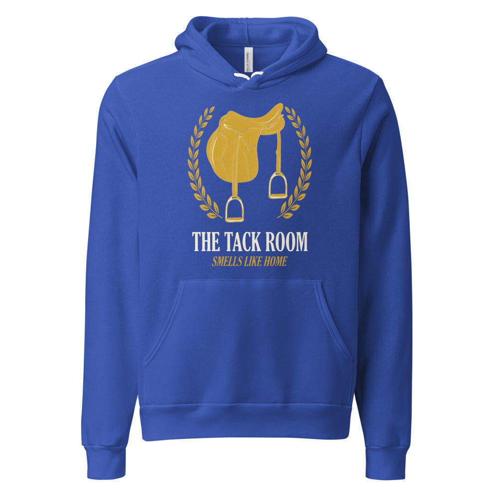 The Tack Room engraved equestrian saddle crest hoodie — True Royal, front