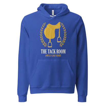 The Tack Room engraved equestrian saddle crest hoodie — True Royal, front
