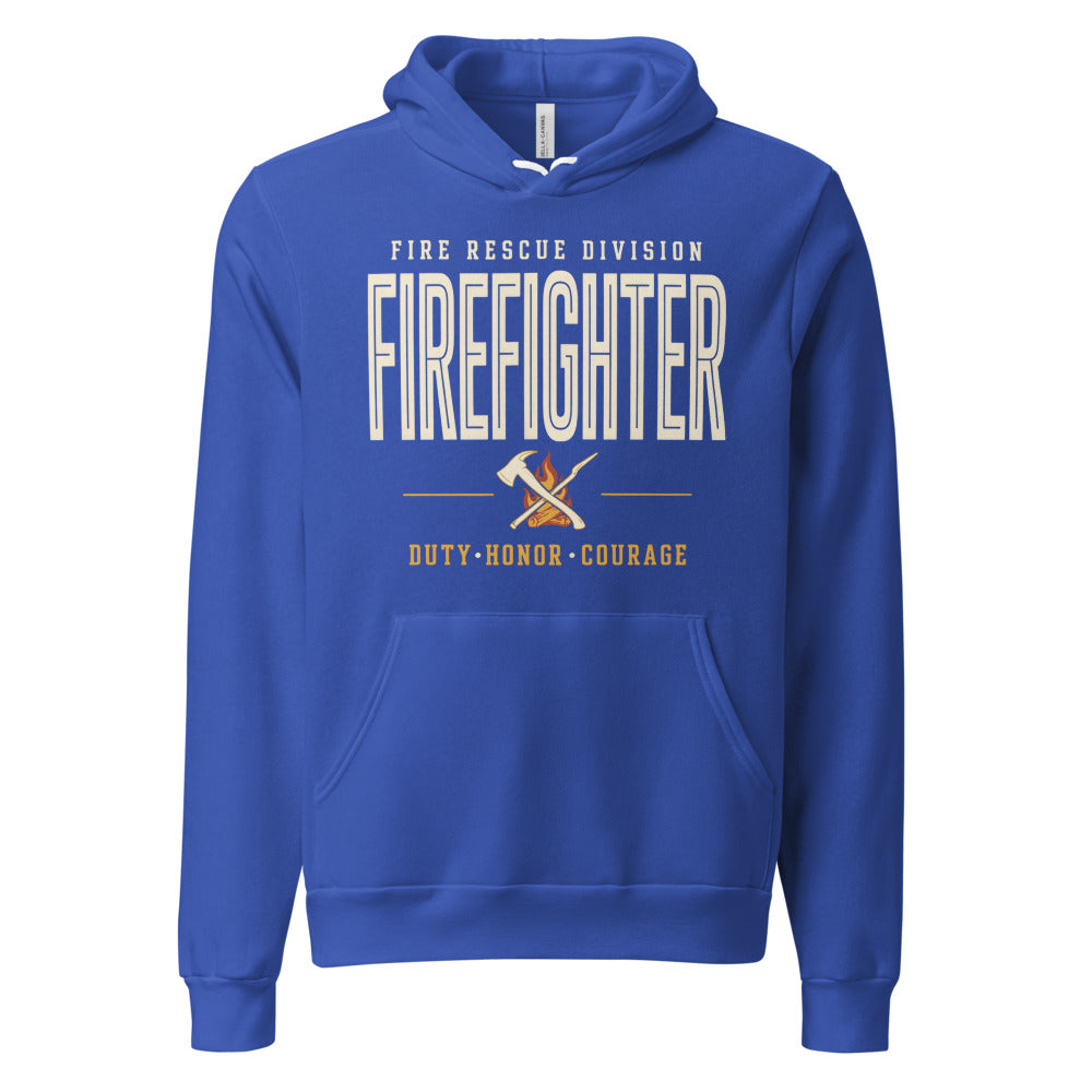 Firefighter collegiate wordmark retro fire-rescue hoodie — True Royal, front