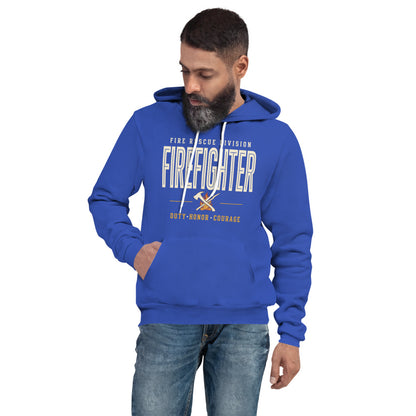 Firefighter collegiate wordmark retro fire-rescue hoodie — True Royal, on model