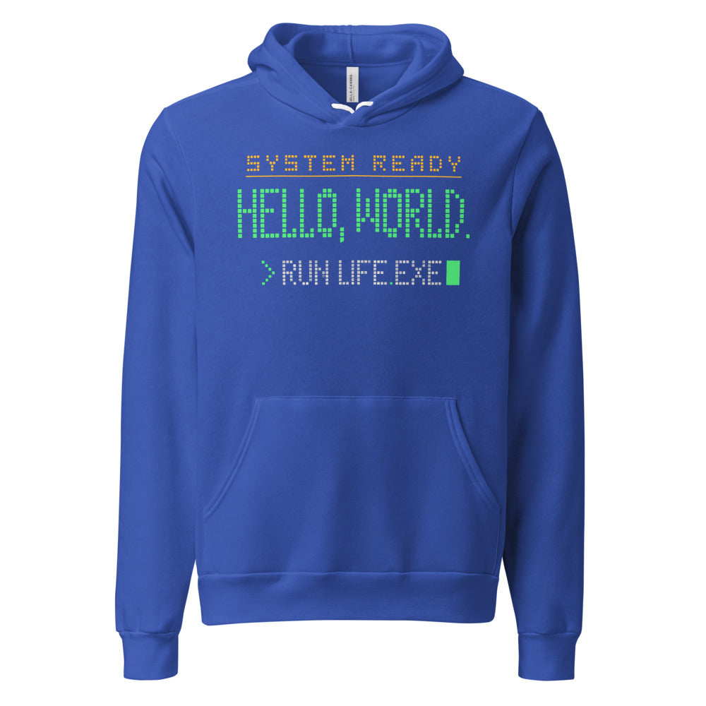 Hello World retro boot screen programmer hoodie — True Royal, front