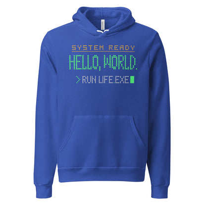 Hello World retro boot screen programmer hoodie — True Royal, front