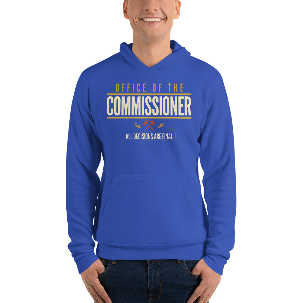 Office of the Commissioner fantasy football draft hoodie — True Royal, on model