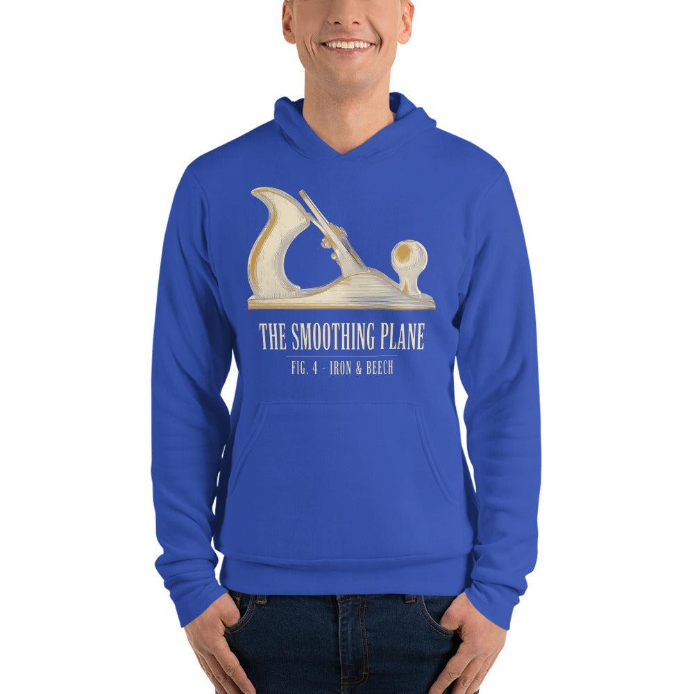 Fig. 4 The Smoothing Plane woodworking hoodie — True Royal, on model