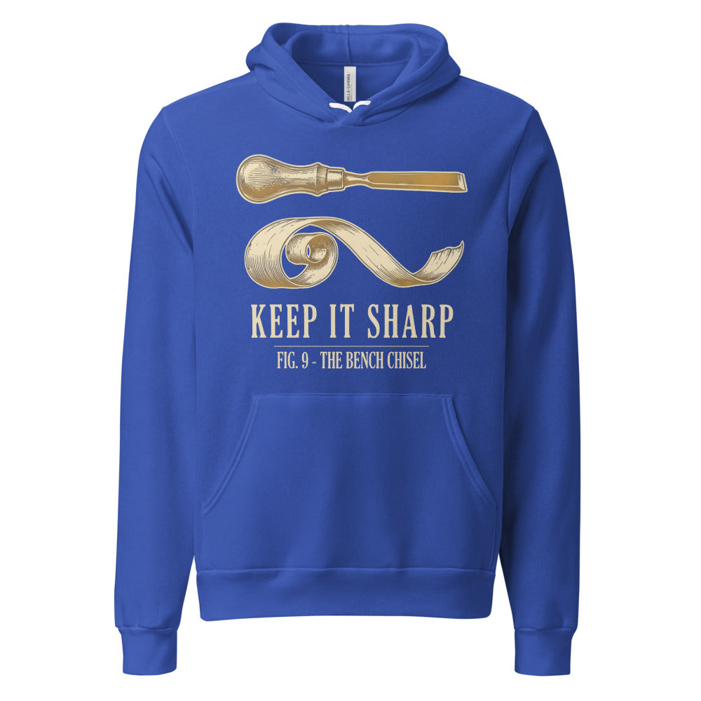 Keep It Sharp woodworking hoodie — True Royal, front
