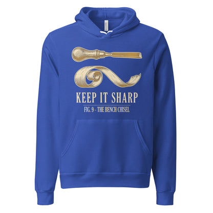 Keep It Sharp woodworking hoodie — True Royal, front