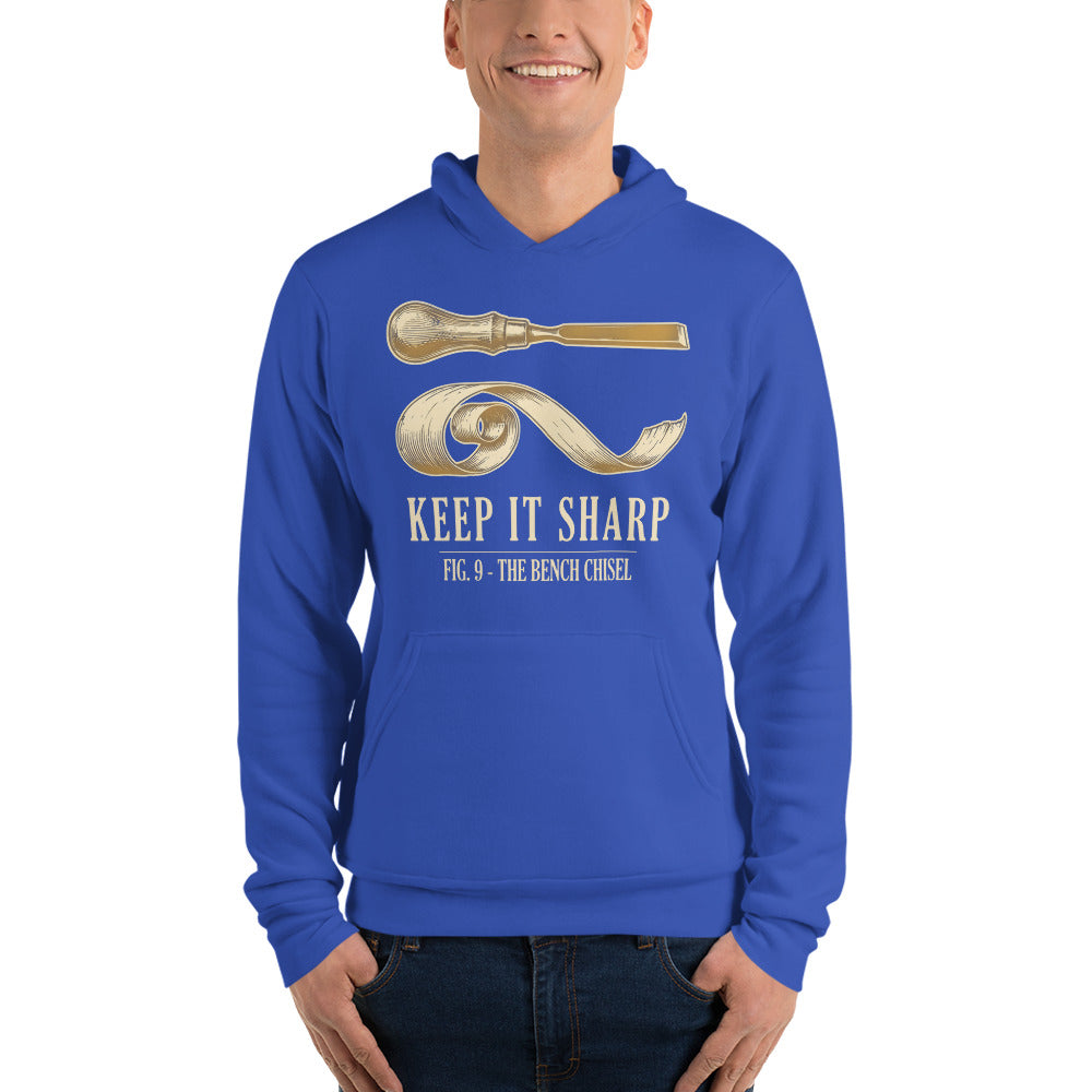 Keep It Sharp woodworking hoodie — True Royal, on model
