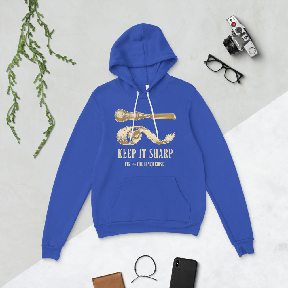Keep It Sharp woodworking hoodie — True Royal, flat lay