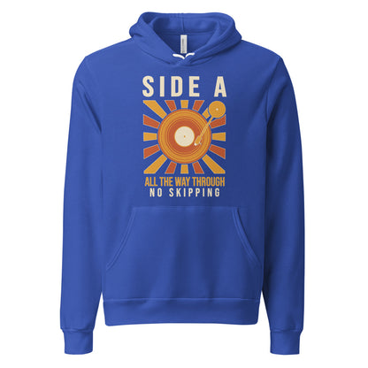 Side A No Skipping vinyl record hoodie — True Royal, front