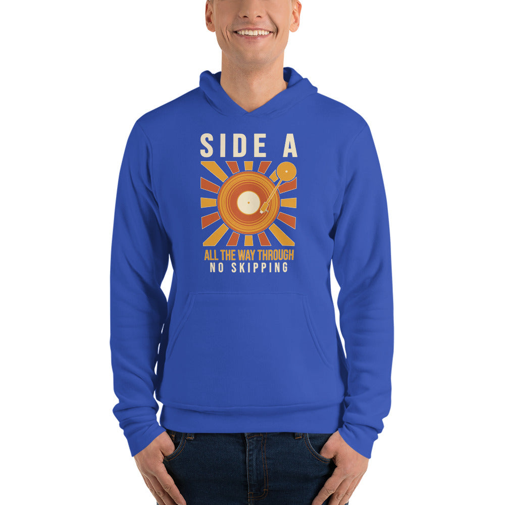 Side A No Skipping vinyl record hoodie — True Royal, on model
