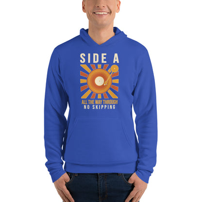 Side A No Skipping vinyl record hoodie — True Royal, on model