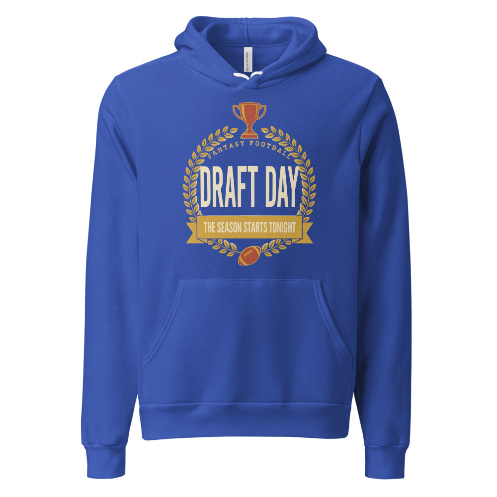 Draft Day Almanac vintage fantasy football draft hoodie — True Royal, front